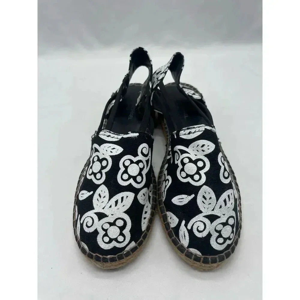 Eric Michael Black and White Floral Slip On Sling‎ Back Espadrilles